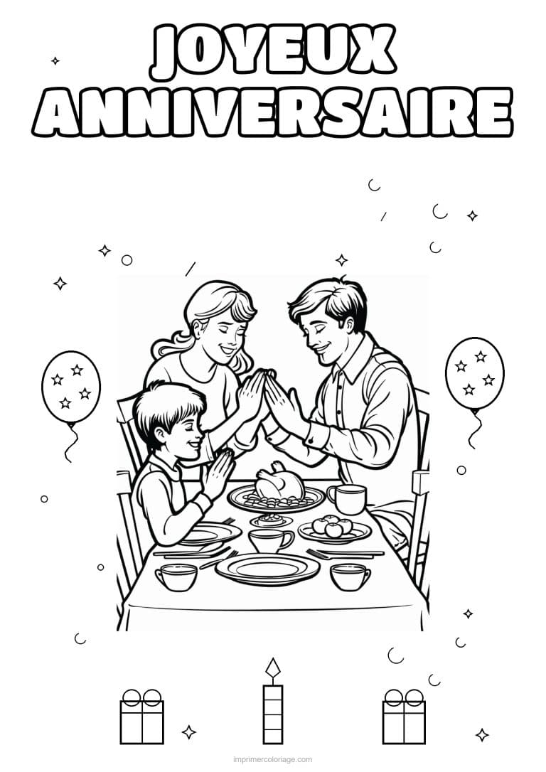 coloriage joyeux anniversaire la famille 1 - dessin gratuit &agrave; imprimer