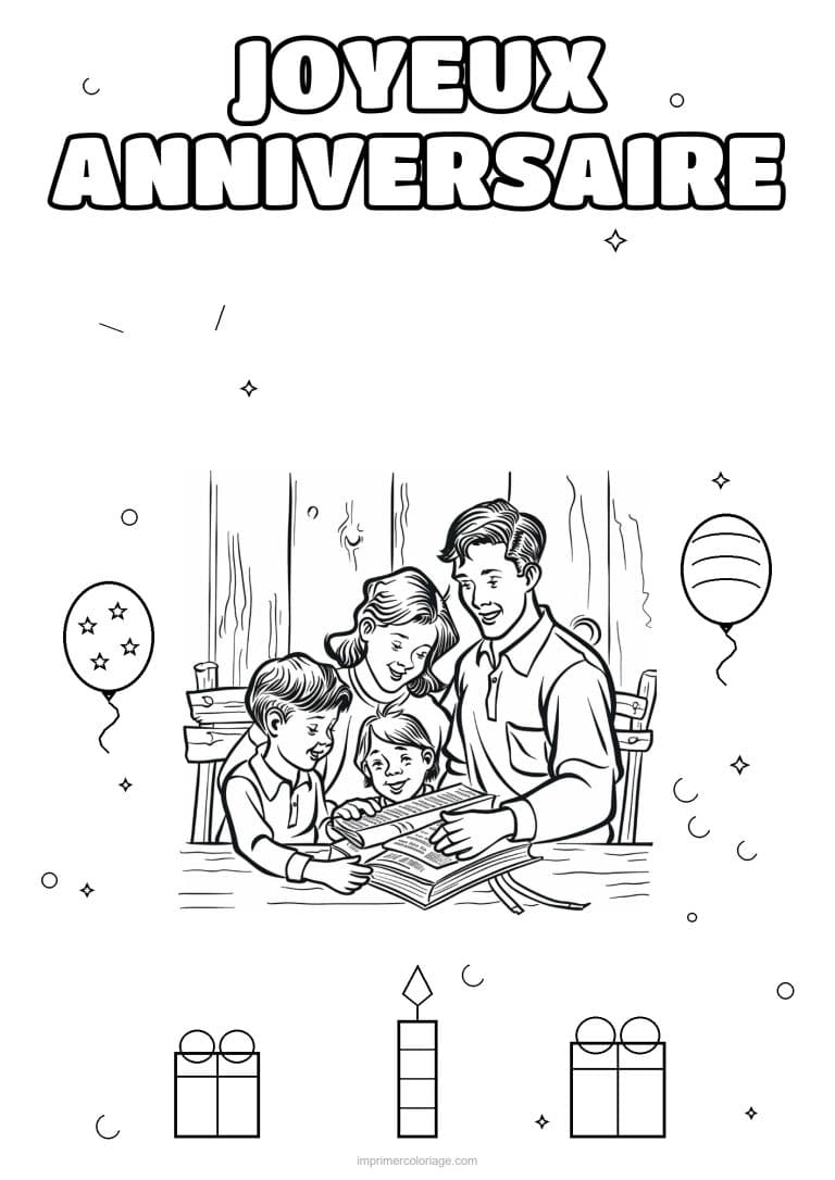 coloriage joyeux anniversaire la famille 3 - dessin gratuit &agrave; imprimer