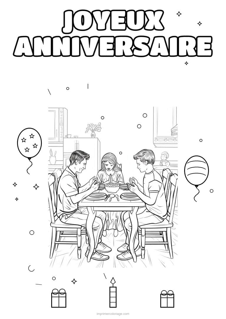 coloriage joyeux anniversaire la famille 4 - dessin gratuit &agrave; imprimer