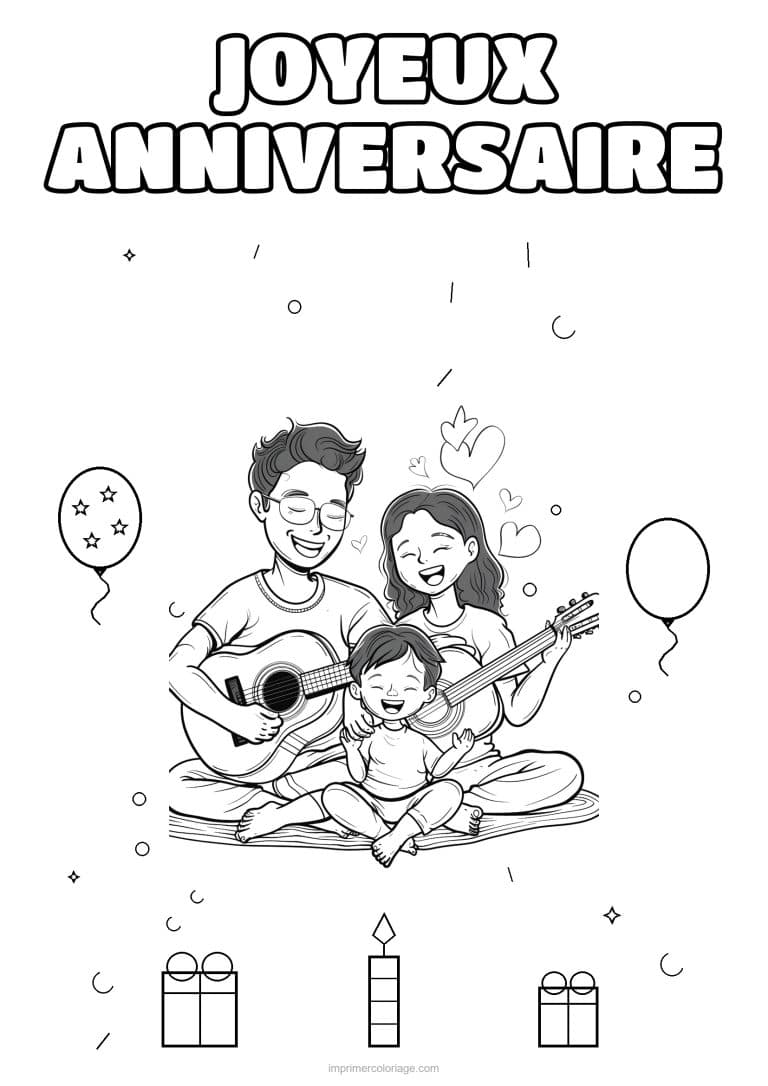 coloriage joyeux anniversaire la famille en musique 1 - dessin gratuit &agrave; imprimer