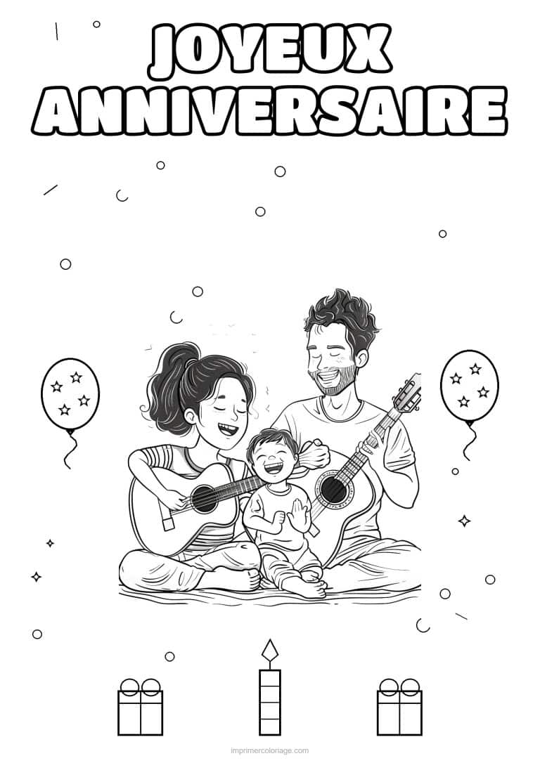 coloriage joyeux anniversaire la famille en musique 10 - dessin gratuit &agrave; imprimer