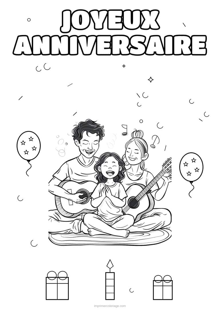 coloriage joyeux anniversaire la famille en musique 2 - dessin gratuit &agrave; imprimer