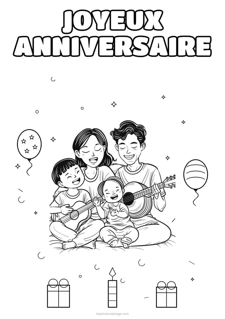 coloriage joyeux anniversaire la famille en musique 3 - dessin gratuit &agrave; imprimer