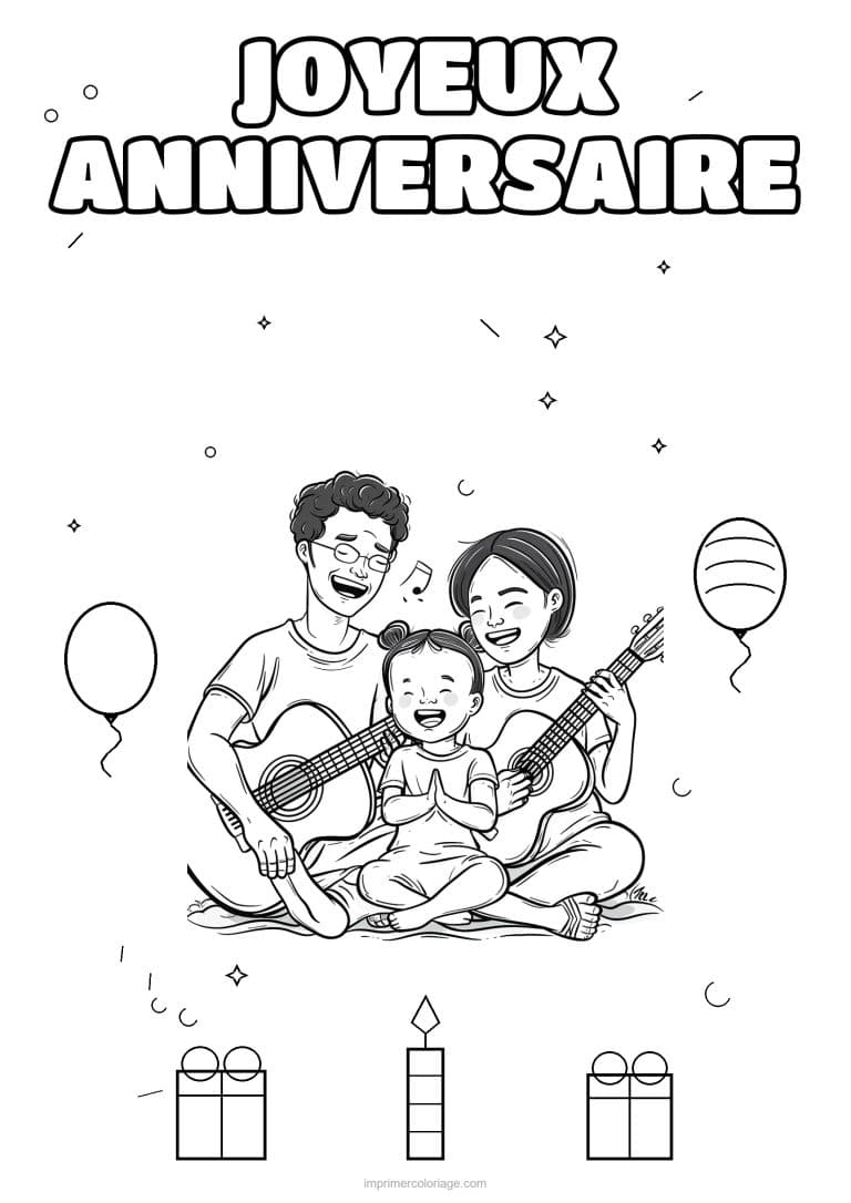 coloriage joyeux anniversaire la famille en musique 4 - dessin gratuit &agrave; imprimer