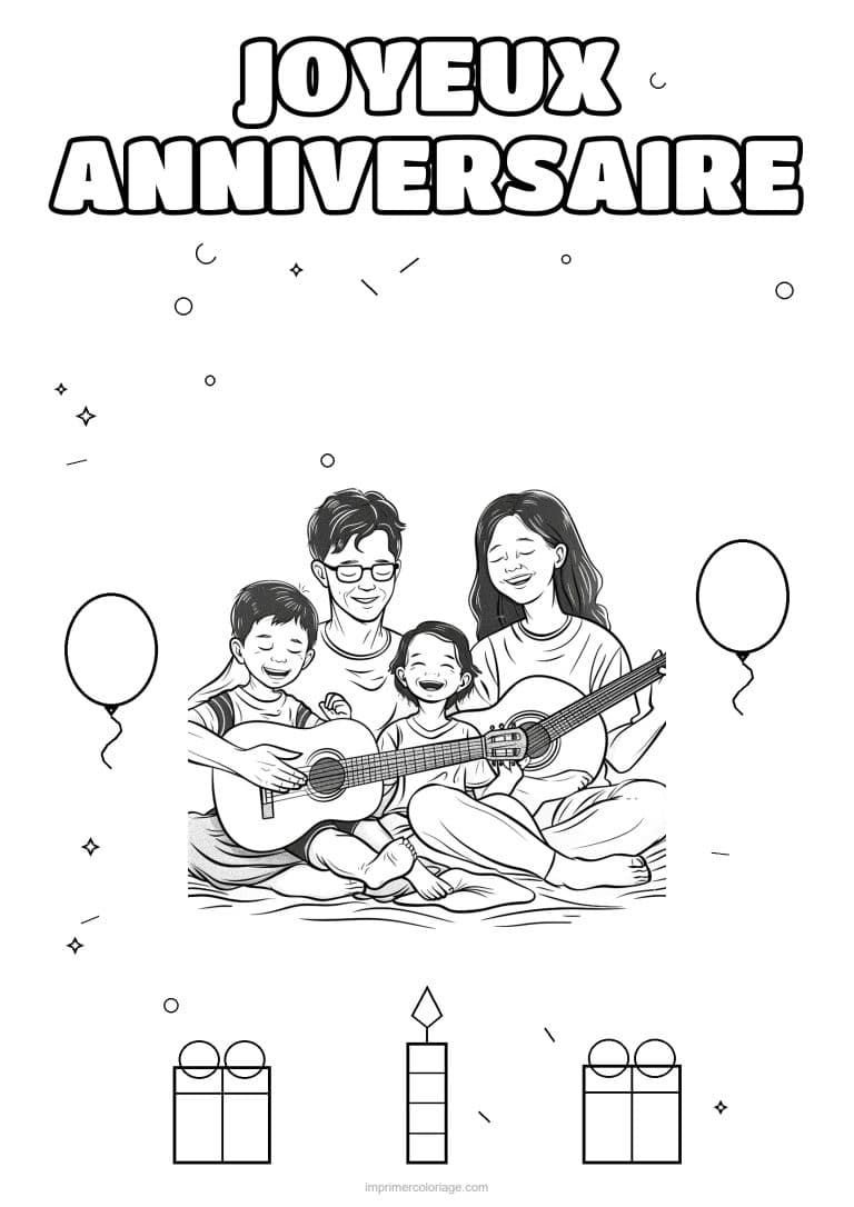 coloriage joyeux anniversaire la famille en musique 5 - dessin gratuit &agrave; imprimer