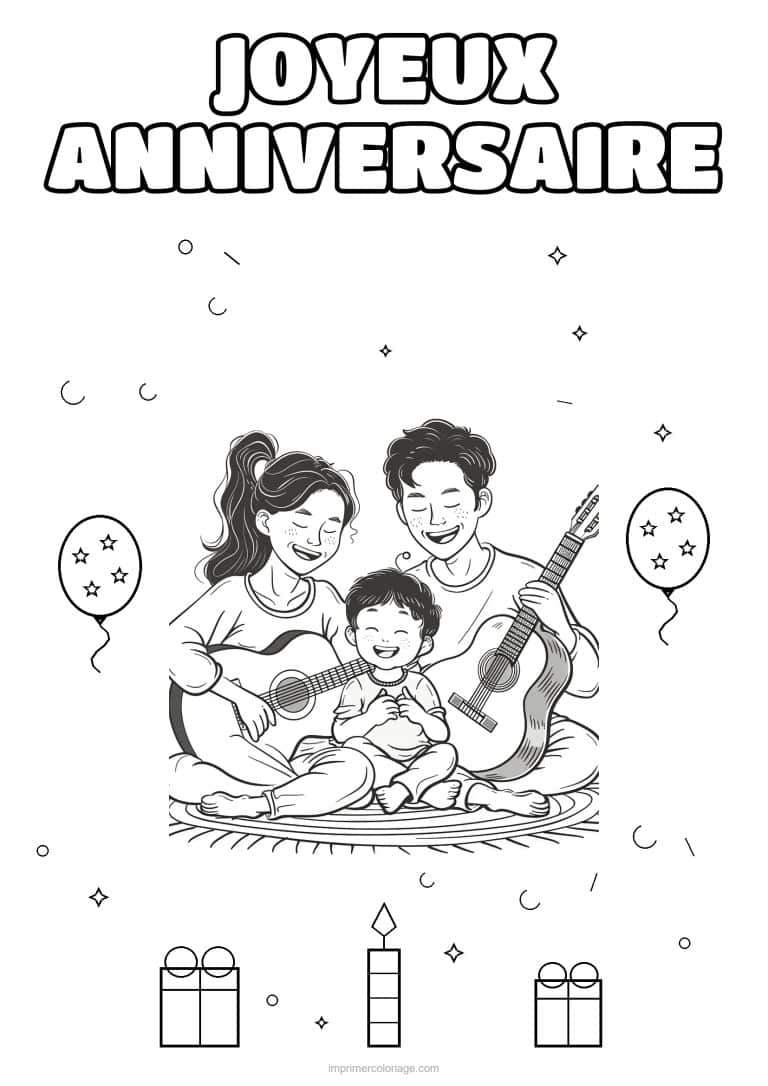 coloriage joyeux anniversaire la famille en musique 6 - dessin gratuit &agrave; imprimer