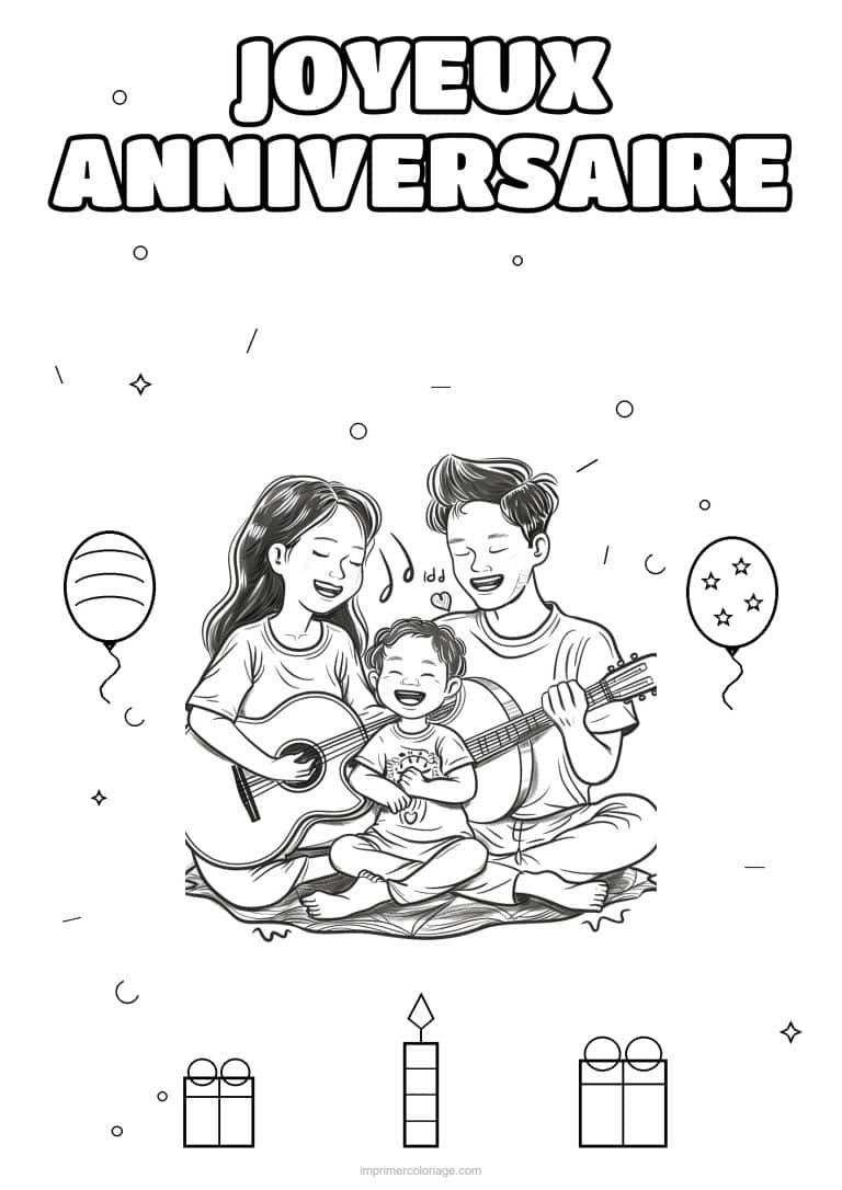 coloriage joyeux anniversaire la famille en musique 8 - dessin gratuit &agrave; imprimer