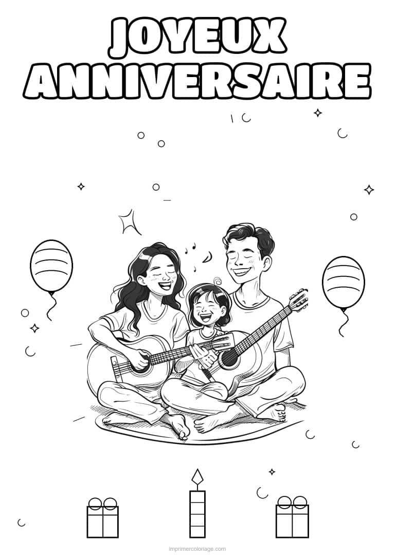 coloriage joyeux anniversaire la famille en musique 9 - dessin gratuit &agrave; imprimer