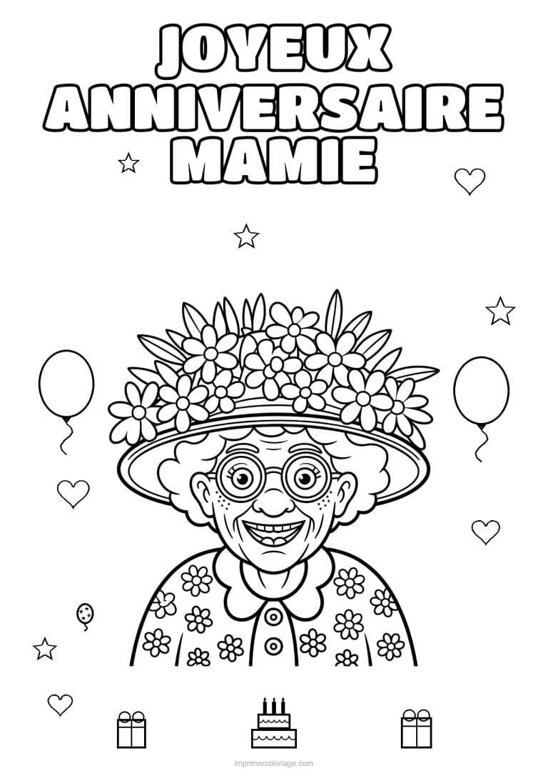coloriage joyeux anniversaire mamie mamie au chapeau de fleurs - dessin gratuit &agrave; imprimer
