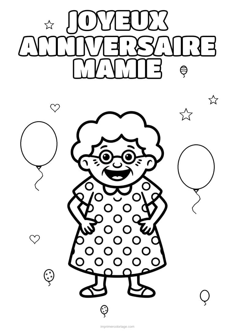 coloriage joyeux anniversaire mamie mamie en robe a pois - dessin gratuit &agrave; imprimer