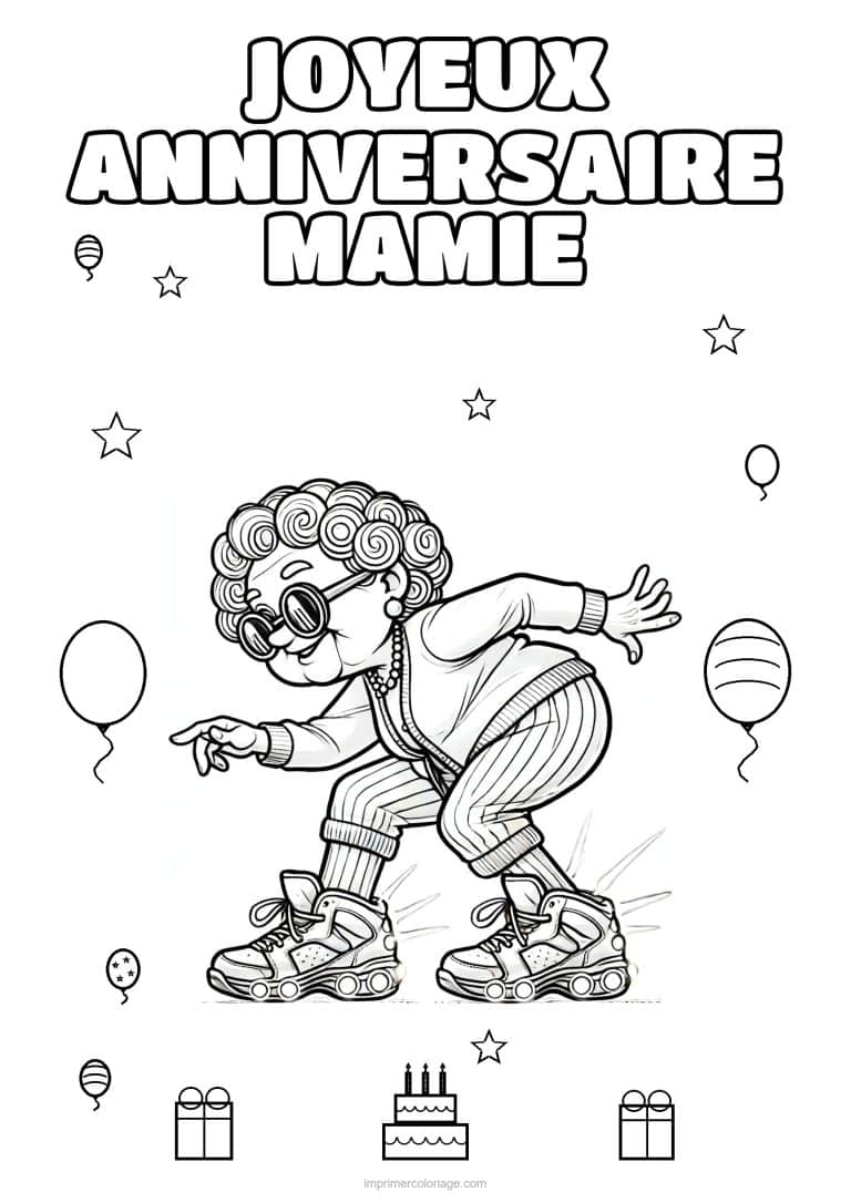 coloriage joyeux anniversaire mamie mamie en rollers - dessin gratuit &agrave; imprimer