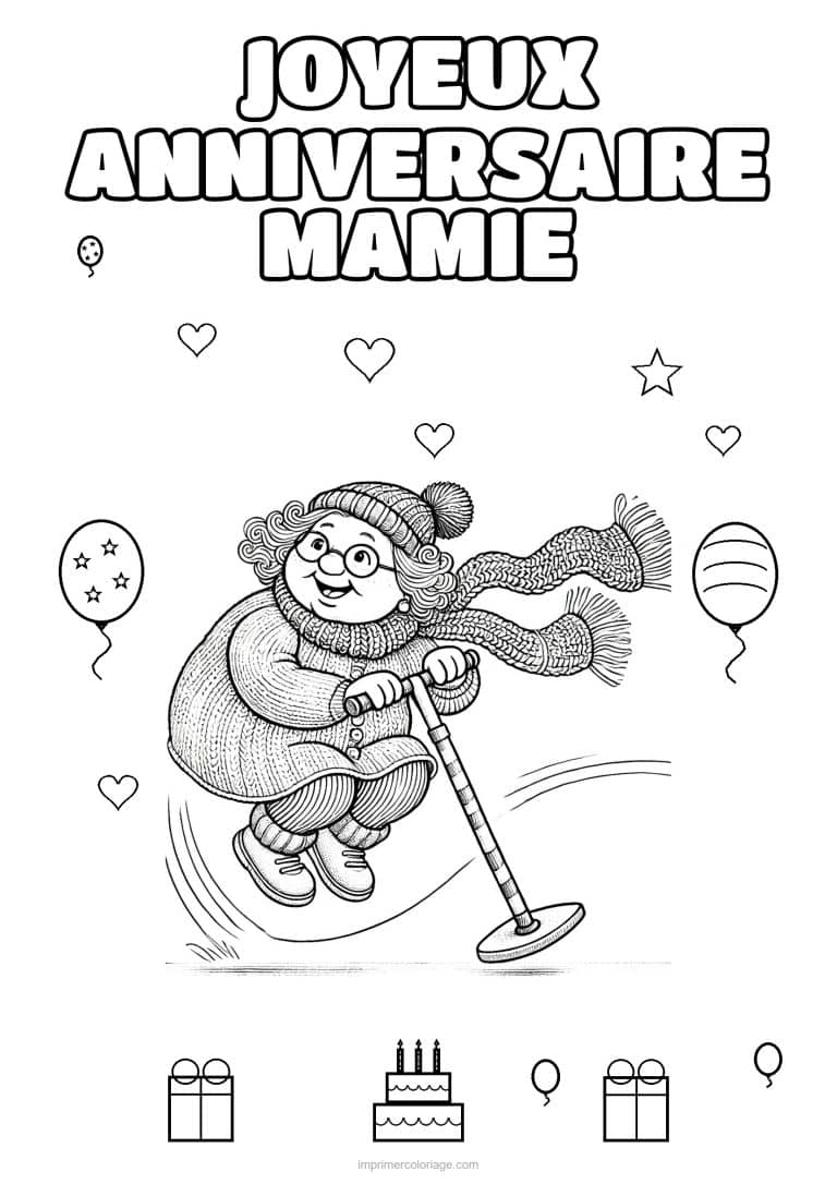 coloriage joyeux anniversaire mamie mamie en trottinette avec son echarpe - dessin gratuit &agrave; imprimer