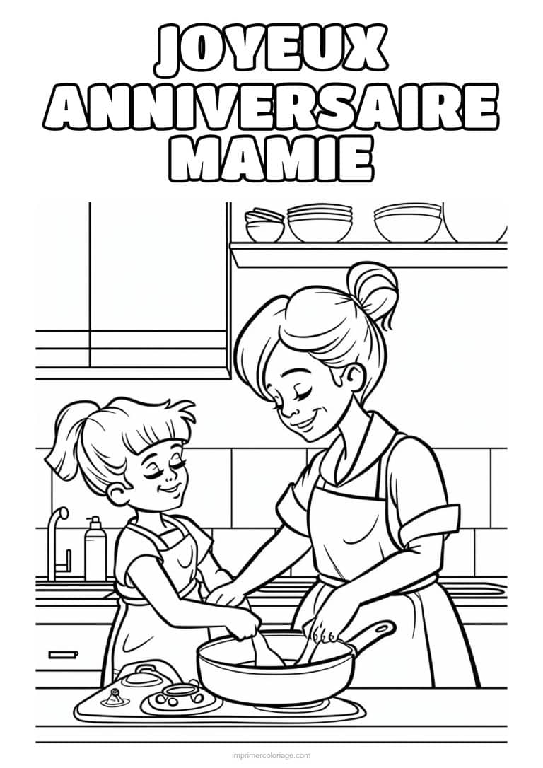 coloriage joyeux anniversaire mamie mamie et sa petite fille au fourneau - dessin gratuit &agrave; imprimer