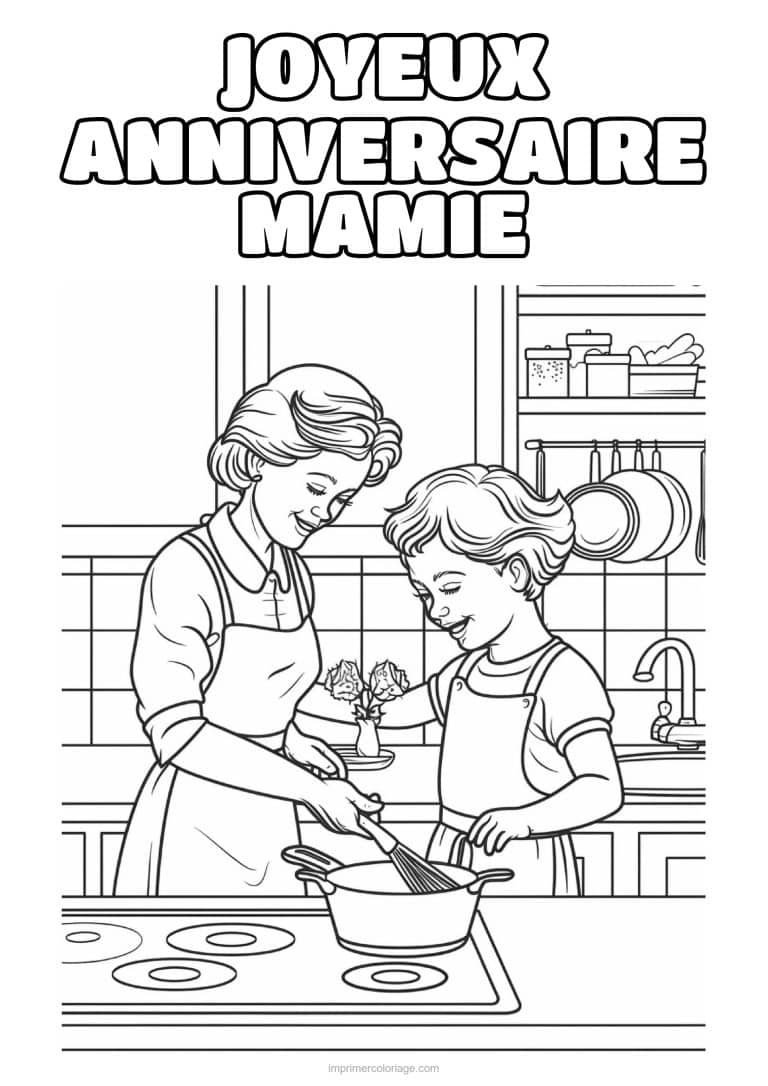 coloriage joyeux anniversaire mamie mamie et son petit fils a la poele - dessin gratuit &agrave; imprimer