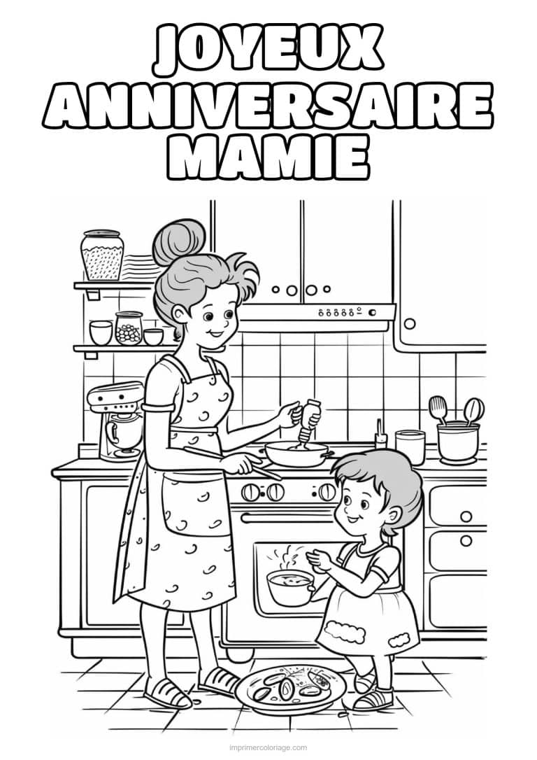 coloriage joyeux anniversaire mamie mamie et son petit fils en cuisine - dessin gratuit &agrave; imprimer