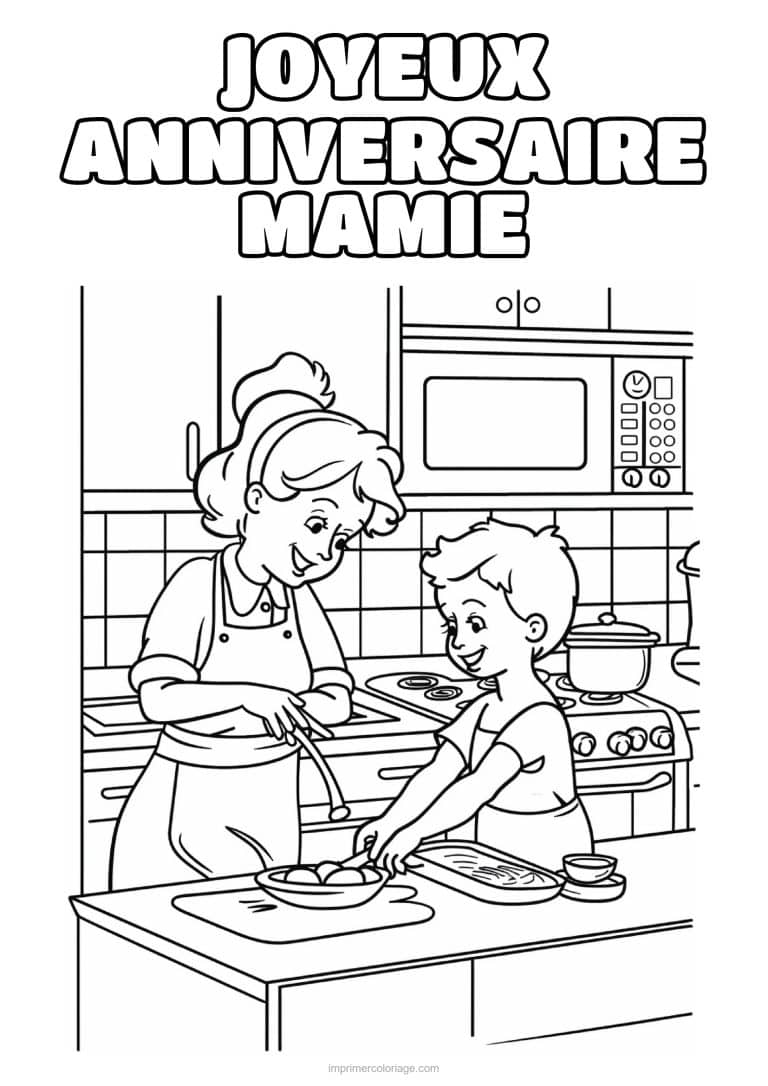 coloriage joyeux anniversaire mamie mamie et son petit fils qui cuisinent - dessin gratuit &agrave; imprimer