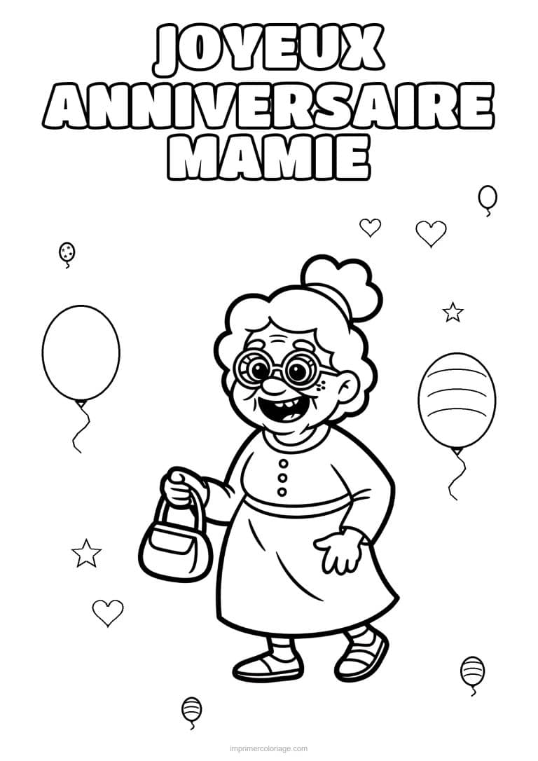 coloriage joyeux anniversaire mamie mamie et son sac a main - dessin gratuit &agrave; imprimer