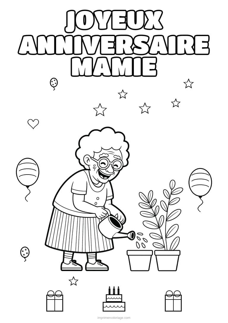 coloriage joyeux anniversaire mamie mamie qui arrose ses plantes - dessin gratuit &agrave; imprimer