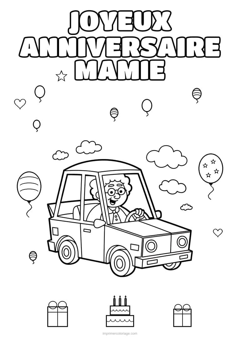 coloriage joyeux anniversaire mamie mamie qui conduit sa voiture - dessin gratuit &agrave; imprimer