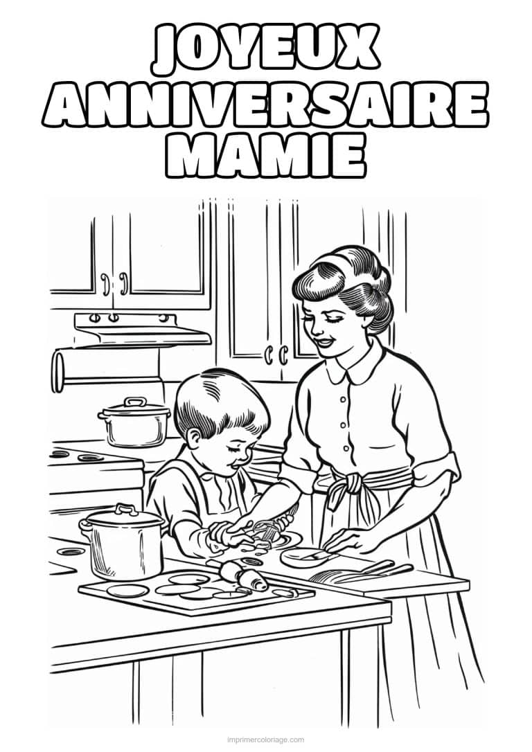 coloriage joyeux anniversaire mamie mamie qui cuisine avec son petit fils - dessin gratuit &agrave; imprimer