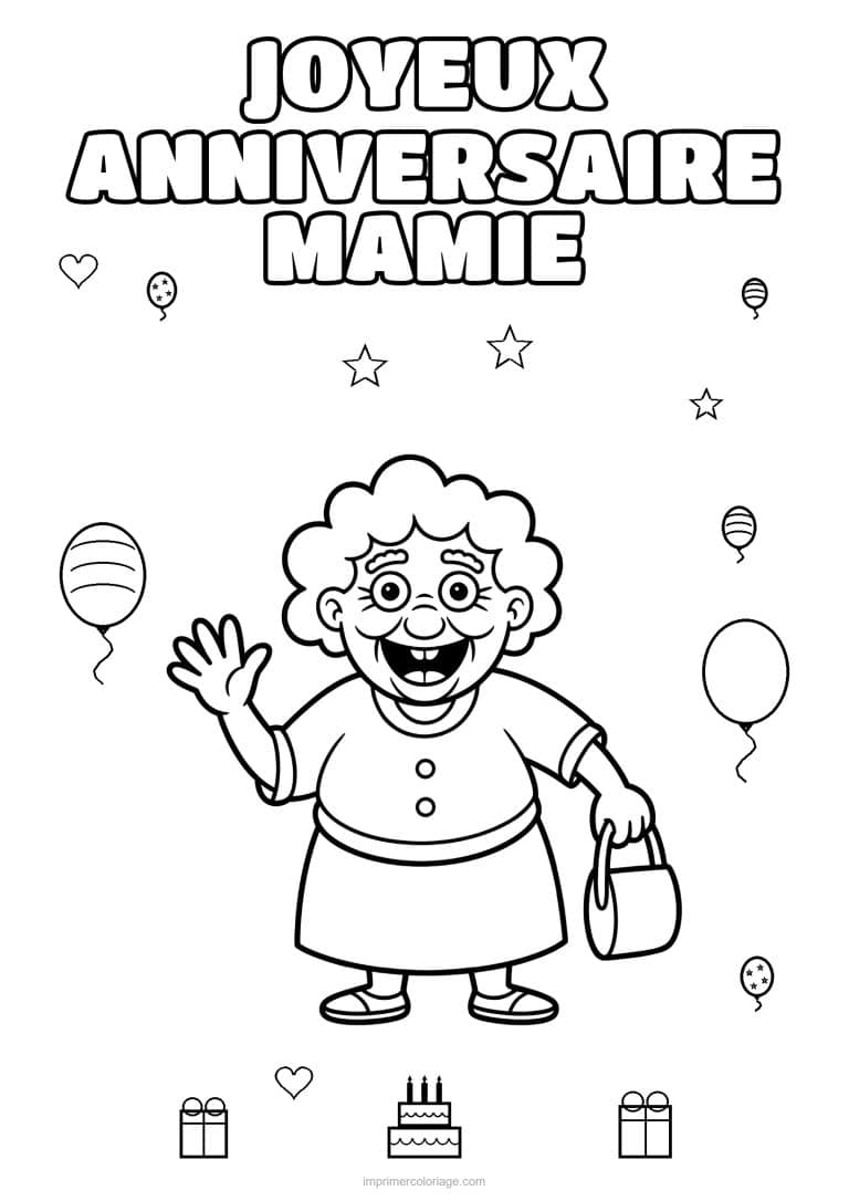 coloriage joyeux anniversaire mamie mamie qui dit bonjour - dessin gratuit &agrave; imprimer