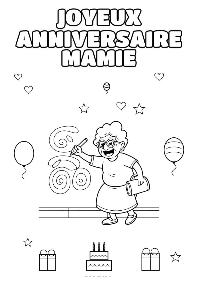 coloriage joyeux anniversaire mamie mamie qui ecrit au tableau - dessin gratuit &agrave; imprimer