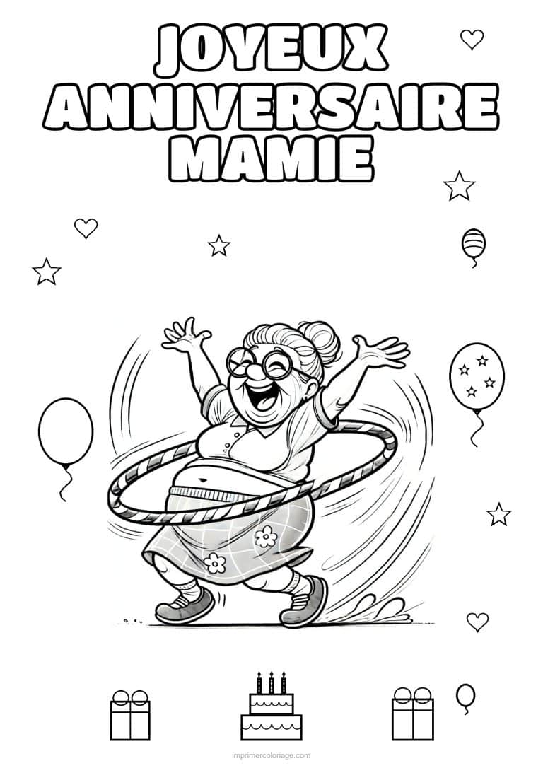 coloriage joyeux anniversaire mamie mamie qui fait du cerceau - dessin gratuit &agrave; imprimer