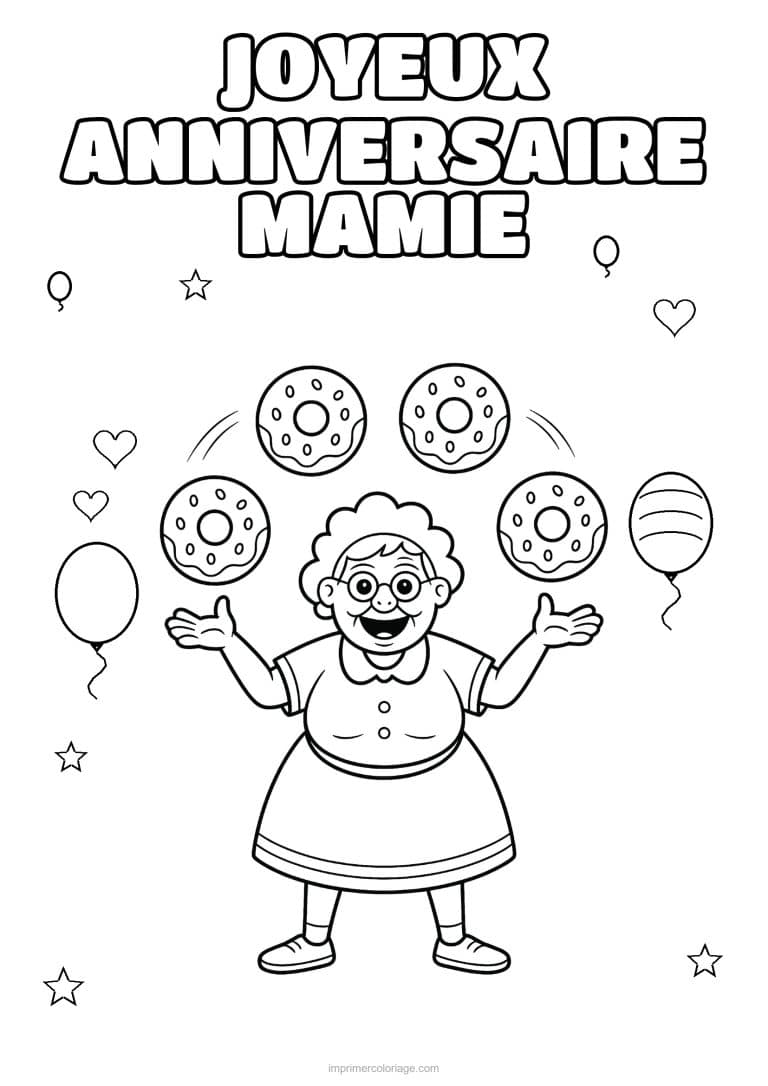 coloriage joyeux anniversaire mamie mamie qui jongle avec des donuts - dessin gratuit &agrave; imprimer