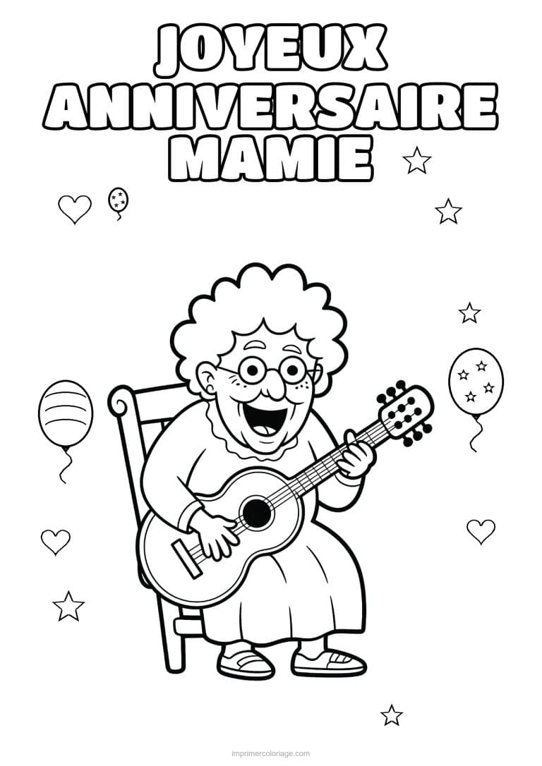 coloriage joyeux anniversaire mamie mamie qui joue de la guitare - dessin gratuit &agrave; imprimer