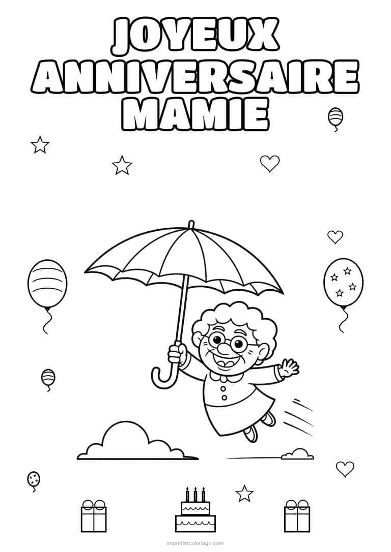 coloriage joyeux anniversaire mamie mamie qui s envole avec son parapluie - dessin gratuit &agrave; imprimer