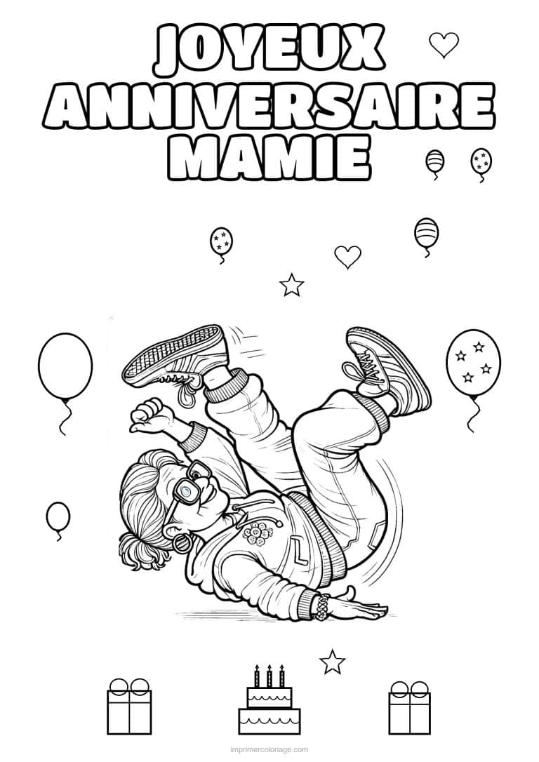 coloriage joyeux anniversaire mamie mamie qui tombe de son skate - dessin gratuit &agrave; imprimer
