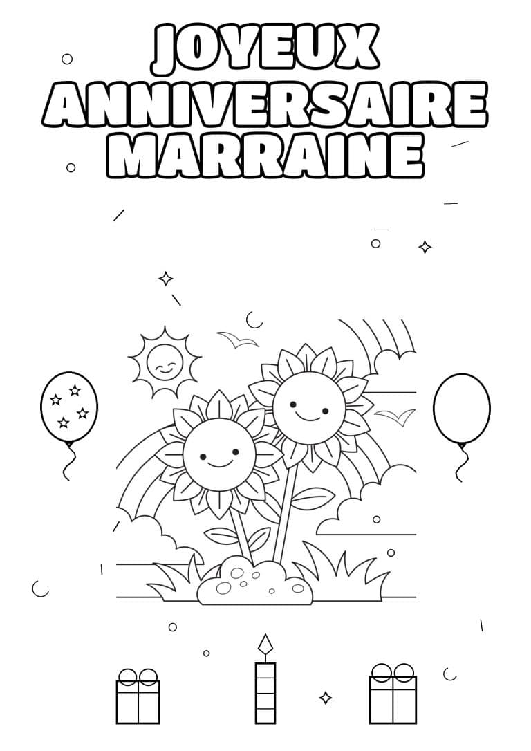 coloriage joyeux anniversaire marraine deux tournesols souriants - dessin gratuit &agrave; imprimer