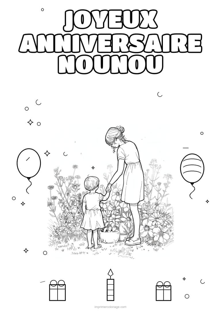 coloriage joyeux anniversaire nounou une adulte et son enfant 1 - dessin gratuit &agrave; imprimer