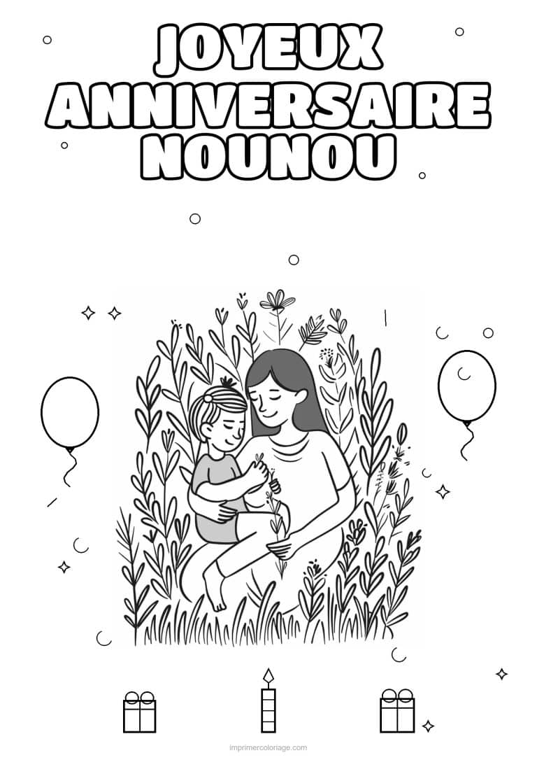 coloriage joyeux anniversaire nounou une adulte et son enfant 3 - dessin gratuit &agrave; imprimer