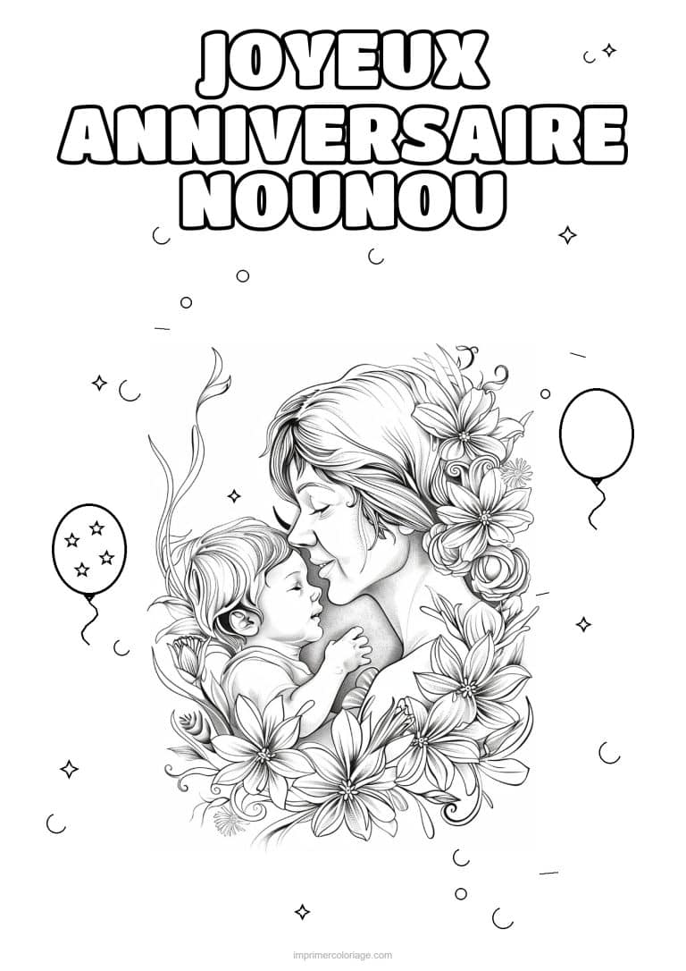coloriage joyeux anniversaire nounou une adulte et son enfant 5 - dessin gratuit &agrave; imprimer