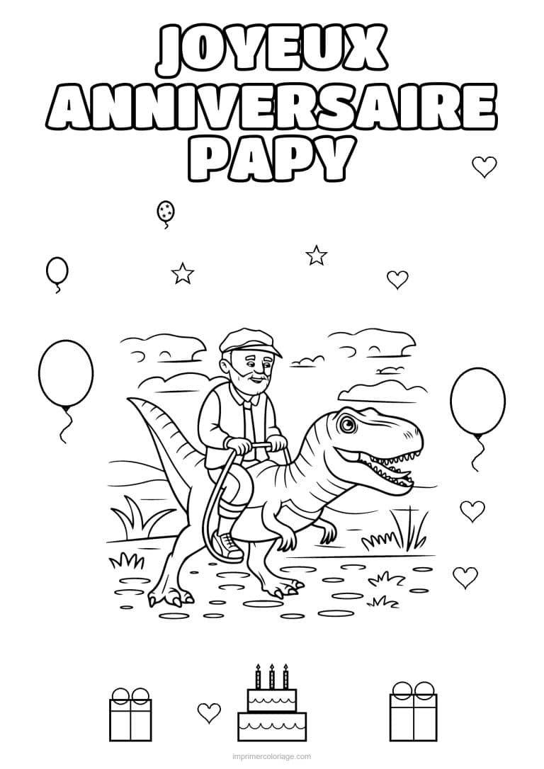 coloriage joyeux anniversaire papy papy a dos de dinosaure - dessin gratuit &agrave; imprimer