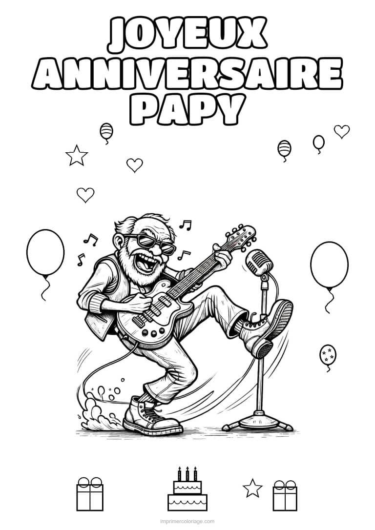 coloriage joyeux anniversaire papy papy a la guitare electrique - dessin gratuit &agrave; imprimer