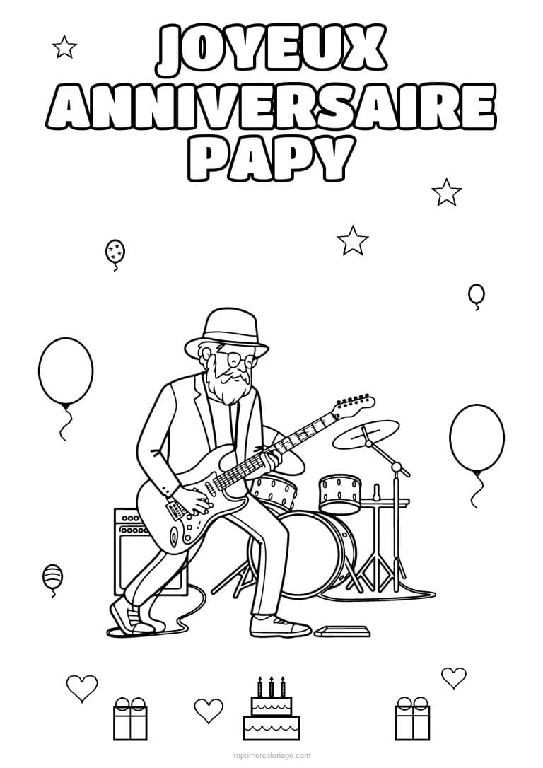 coloriage joyeux anniversaire papy papy a la guitare et a la batterie - dessin gratuit &agrave; imprimer
