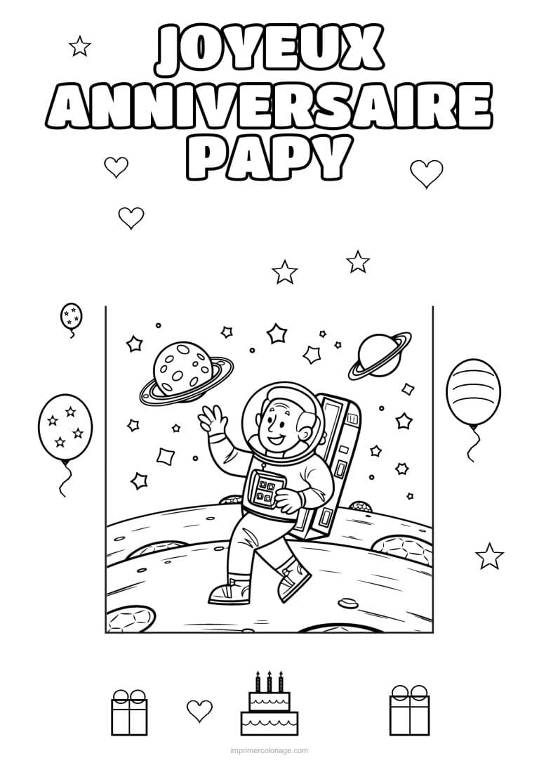 coloriage joyeux anniversaire papy papy astronaute sur la lune - dessin gratuit &agrave; imprimer