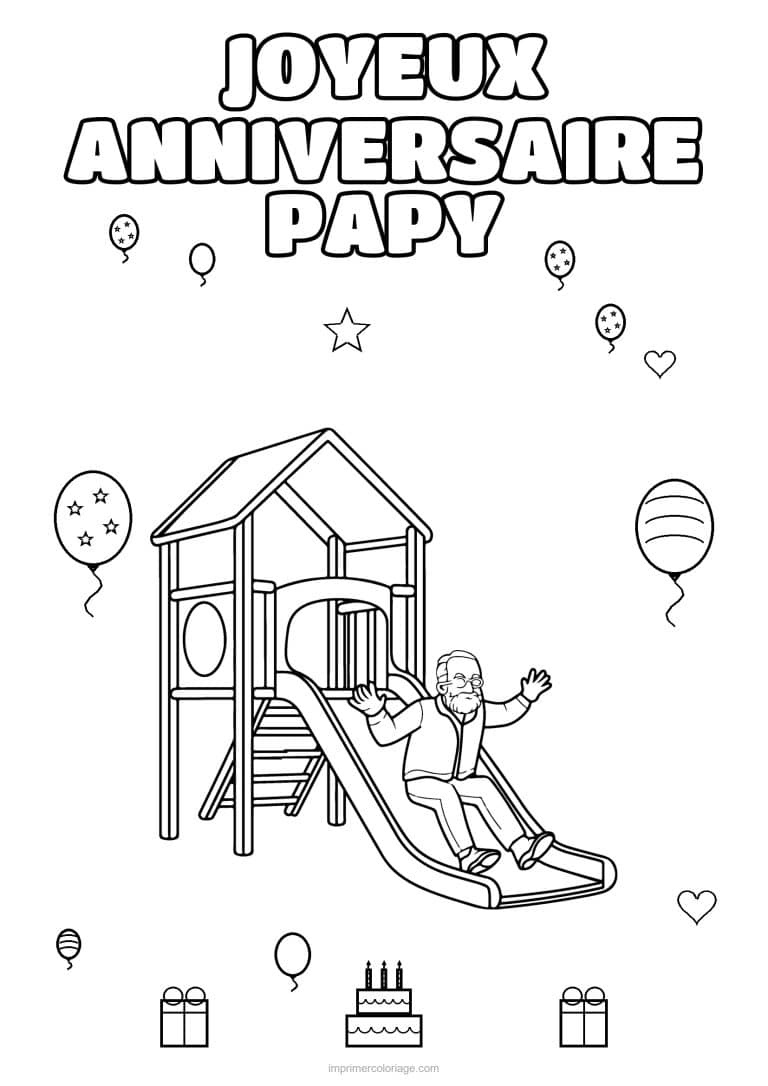 coloriage joyeux anniversaire papy papy au toboggan - dessin gratuit &agrave; imprimer