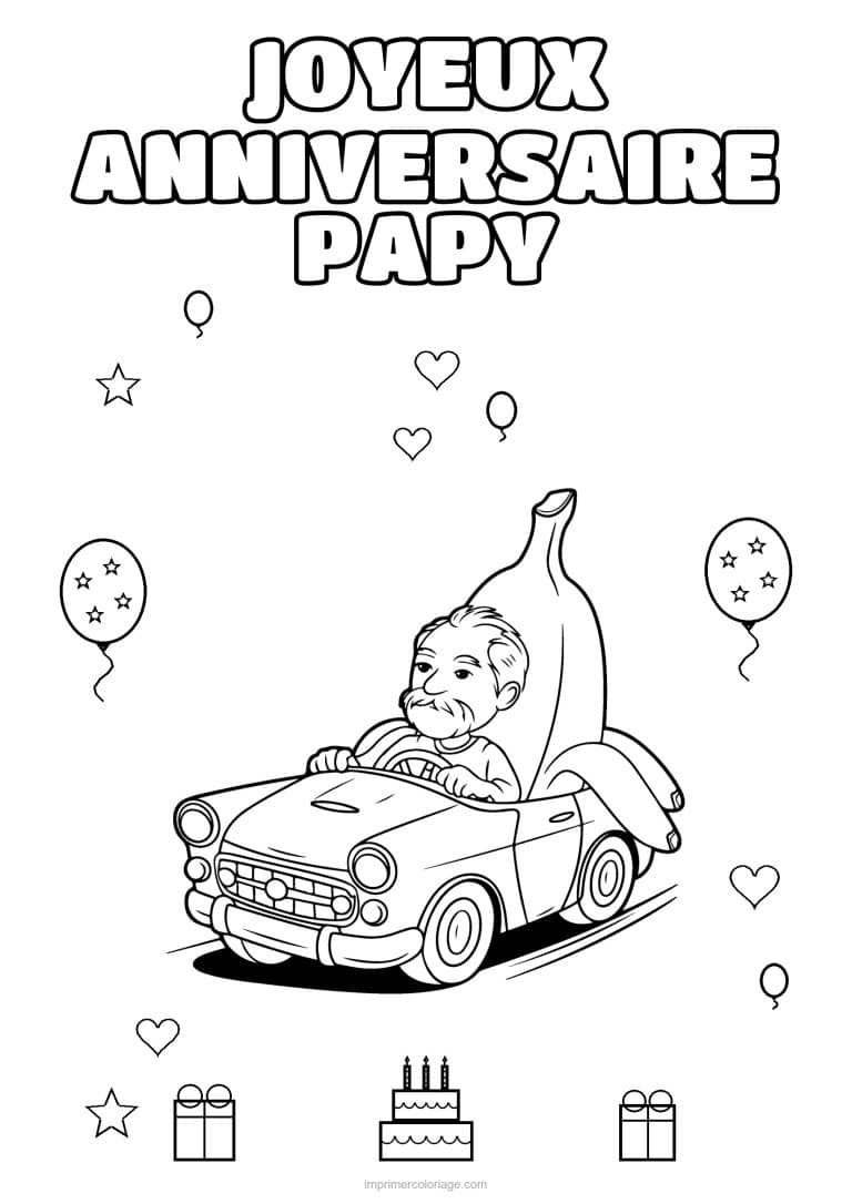 coloriage joyeux anniversaire papy papy dans sa voiture banane - dessin gratuit &agrave; imprimer