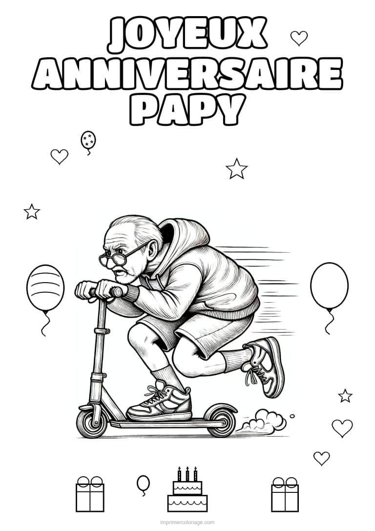 coloriage joyeux anniversaire papy papy en trottinette - dessin gratuit &agrave; imprimer
