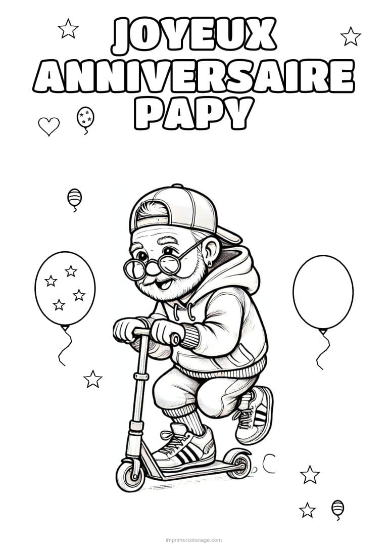 coloriage joyeux anniversaire papy papy en trottinette a casquette - dessin gratuit &agrave; imprimer