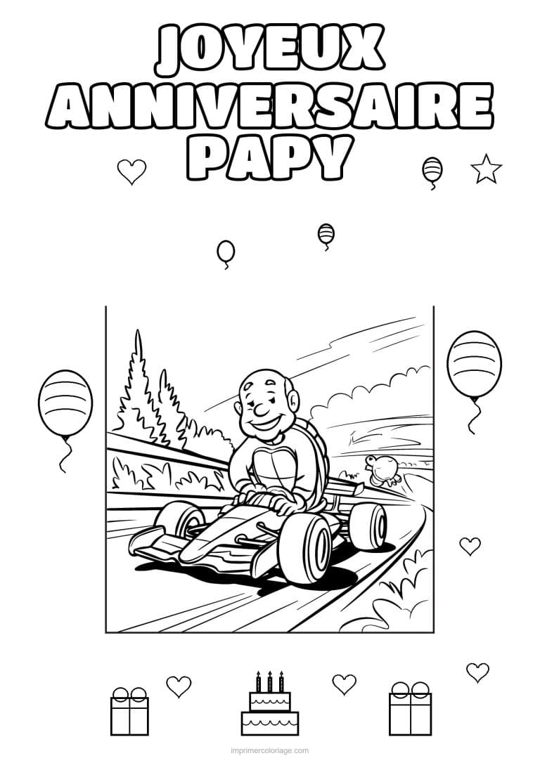 coloriage joyeux anniversaire papy papy en voiture de course - dessin gratuit &agrave; imprimer