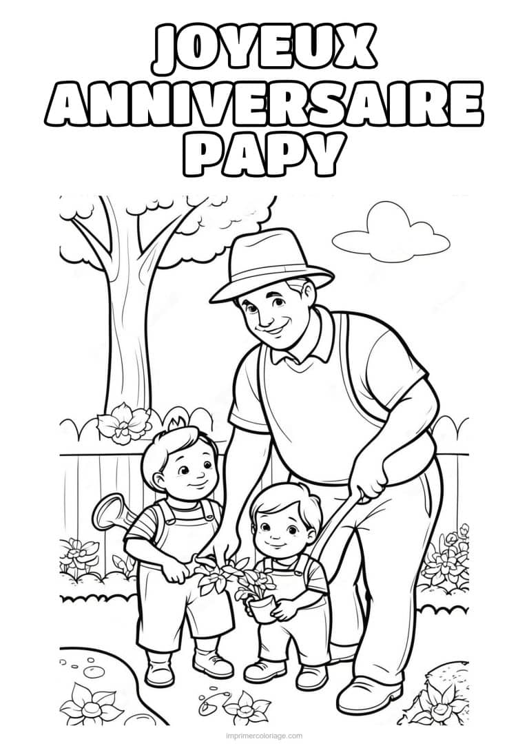 coloriage joyeux anniversaire papy papy et ses deux petits enfants - dessin gratuit &agrave; imprimer