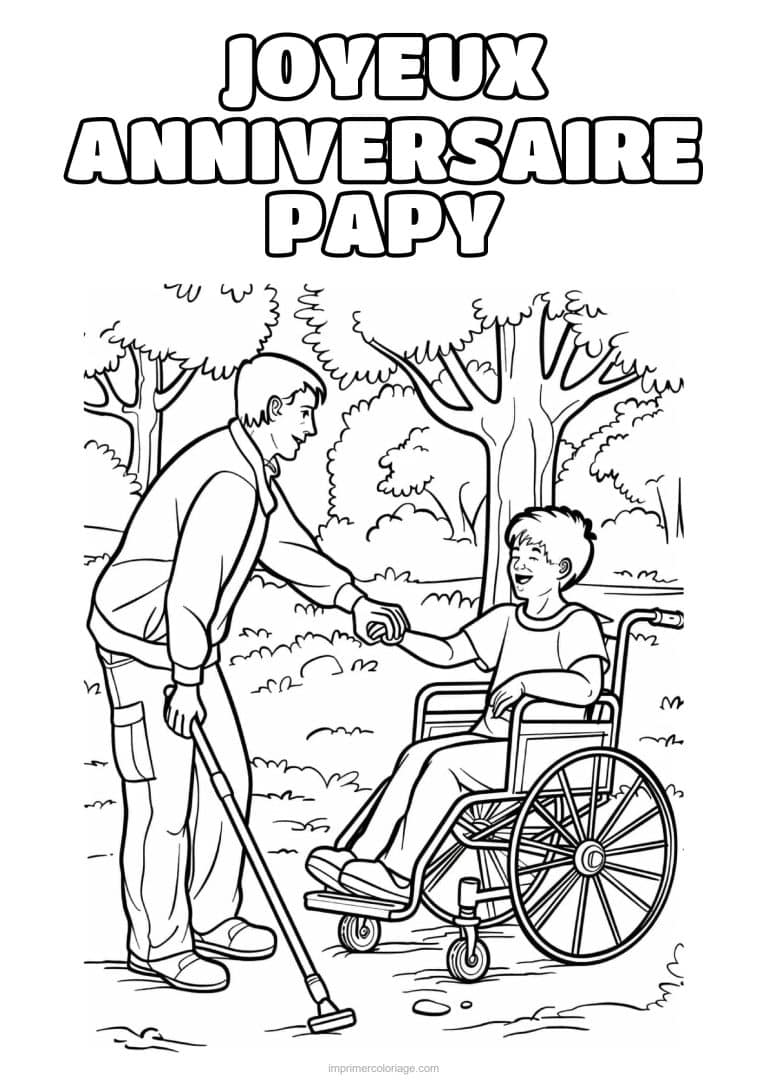 coloriage joyeux anniversaire papy papy et son petit fils au jardin - dessin gratuit &agrave; imprimer