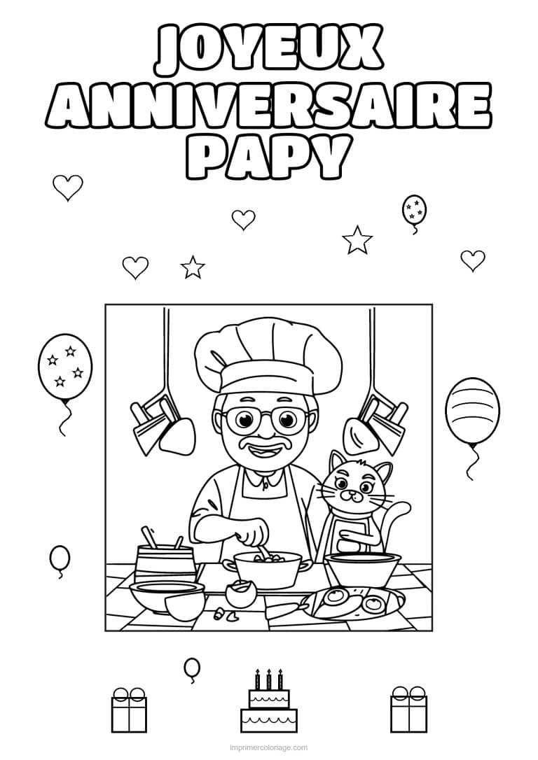 coloriage joyeux anniversaire papy papy qui cuisine avec son chat - dessin gratuit &agrave; imprimer