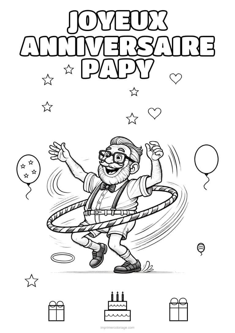 coloriage joyeux anniversaire papy papy qui fait du cerceau - dessin gratuit &agrave; imprimer