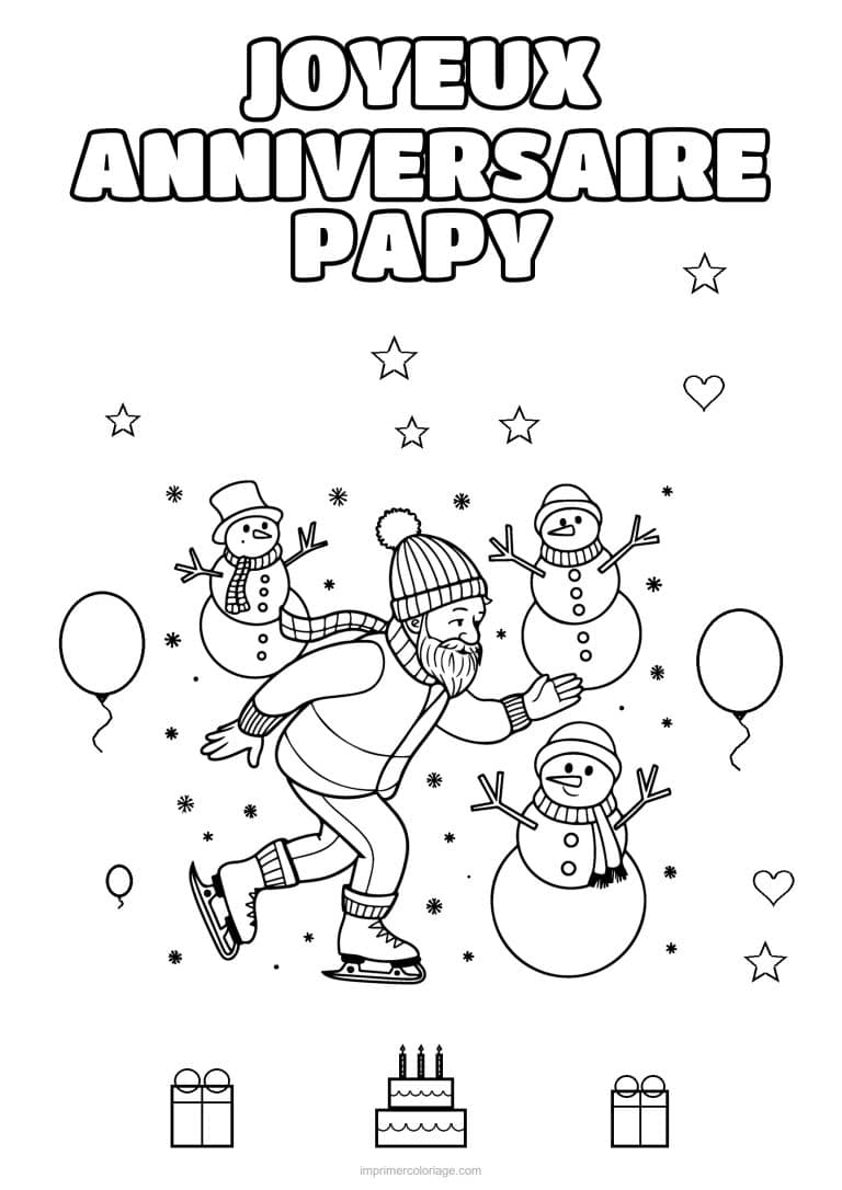 coloriage joyeux anniversaire papy papy qui patine parmi les bonshommes de neige - dessin gratuit &agrave; imprimer