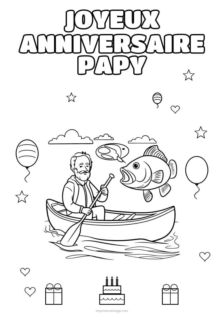 coloriage joyeux anniversaire papy papy qui peche en barque - dessin gratuit &agrave; imprimer